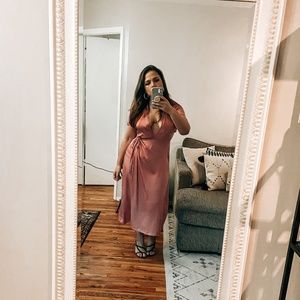 Forever21 Pink Satin Deep V Neck Midi Dress